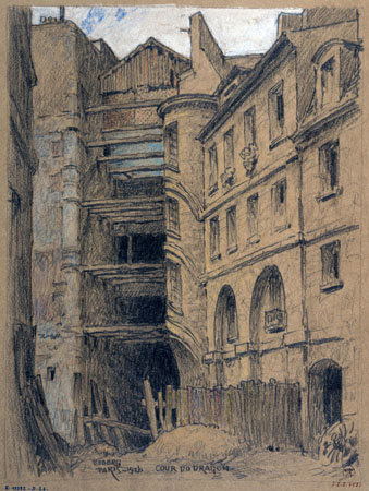 Gustave Ferdinand Boberg (1860-1946), architecte suédois. La Cour du Dragon. Crayon rehaut de craie blanche et de couleur bleue. Paris (VIème arr.), 1926. Paris, musée Carnavalet.